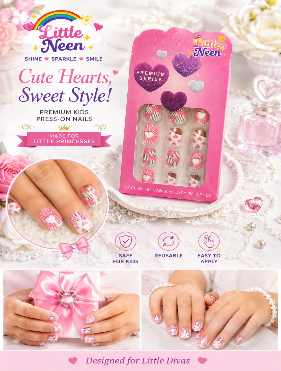 Sweetheart Sparkle Press-On Nails for Little Princess