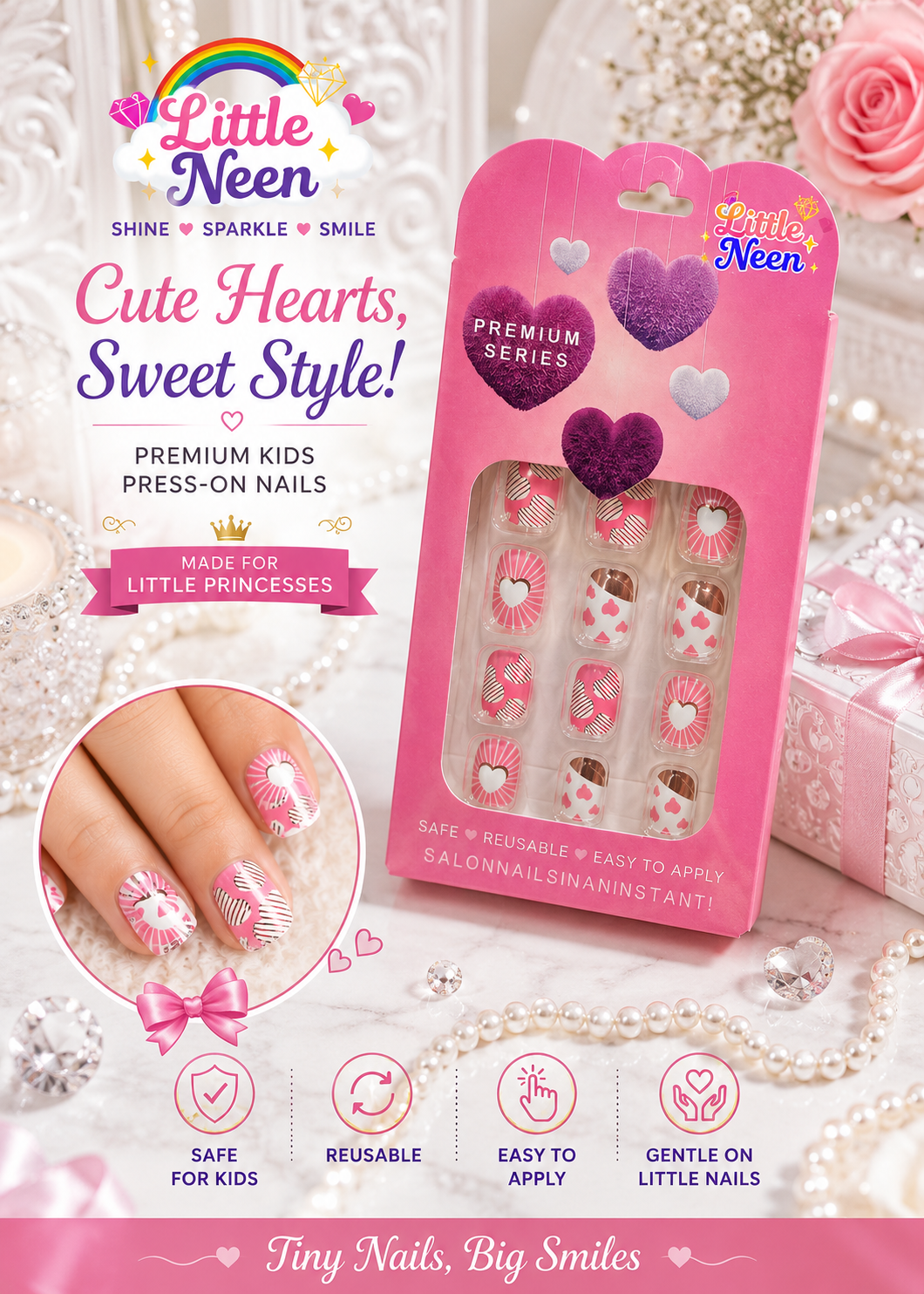 Sweetheart Sparkle Press-On Nails for Little Princess