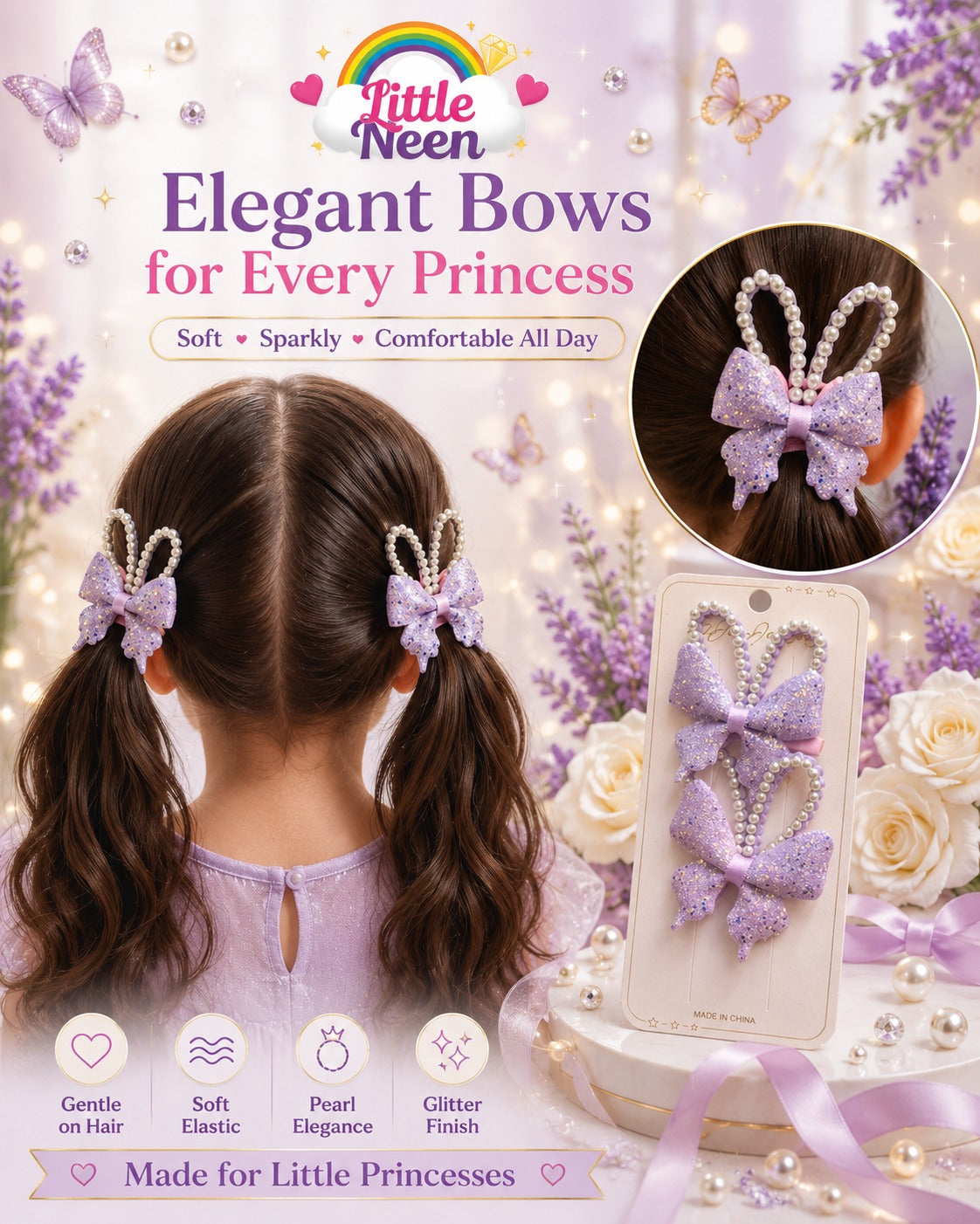 Lavender Pearl Bow Hair Ties for Little Princess