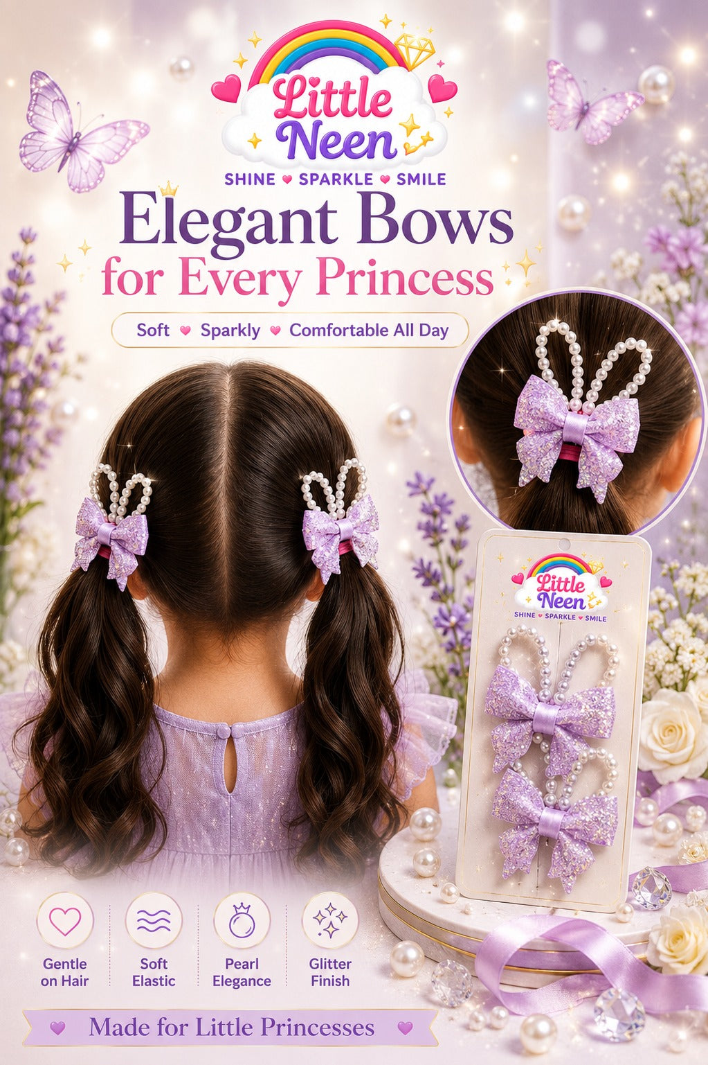 Lavender Pearl Bow Hair Ties for Little Princess