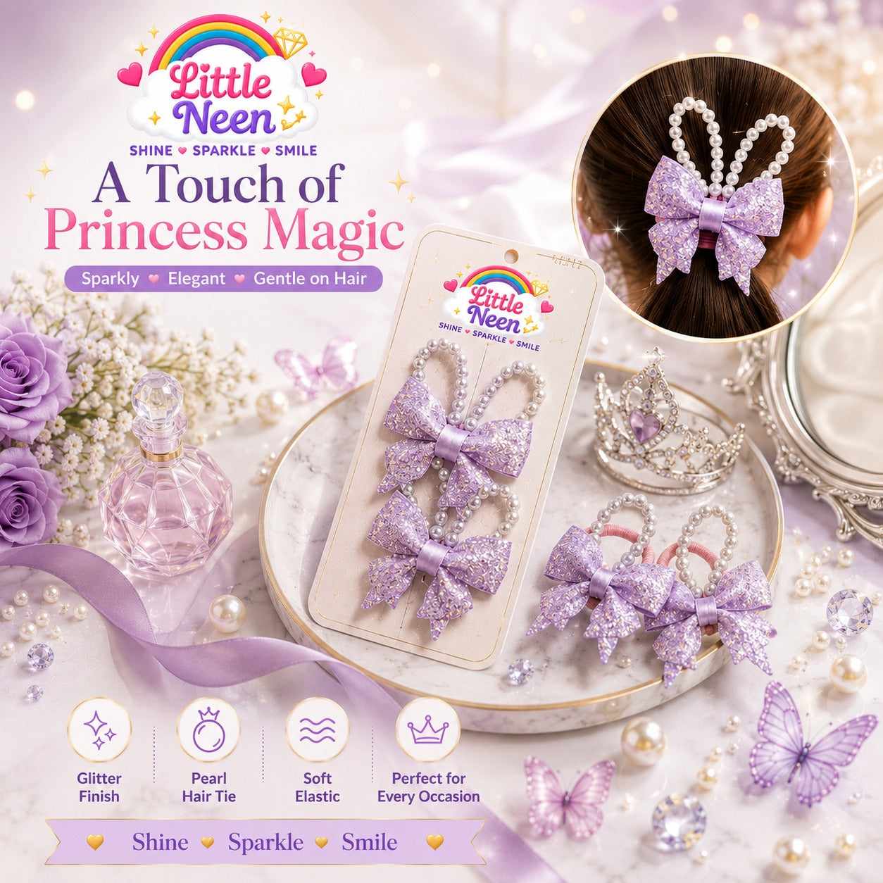 Lavender Pearl Bow Hair Ties for Little Princess