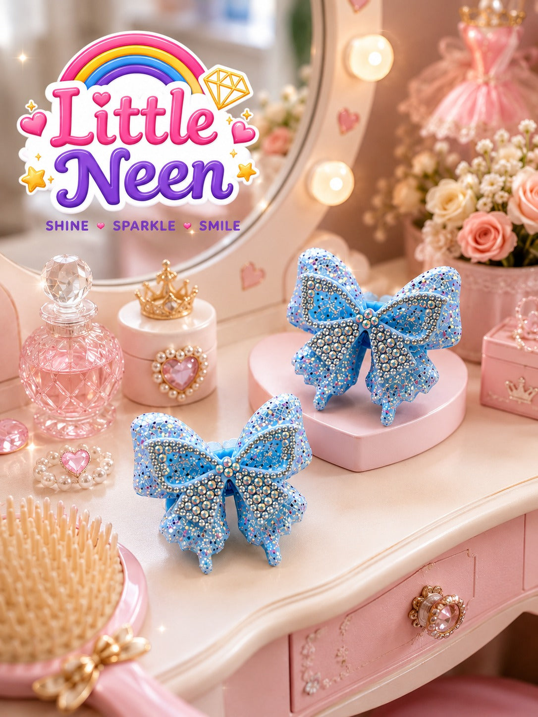 Sapphire Sparkle Bow Hair Clips for Little Princess